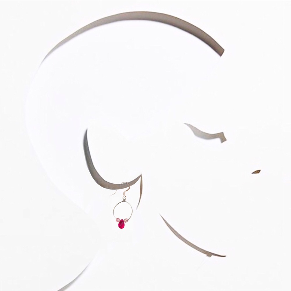 Handmade Drop Hoop Earrings Silver w/ Pink Czech Glass Beads EB Designs (Me) NEW - Picture 2 of 6